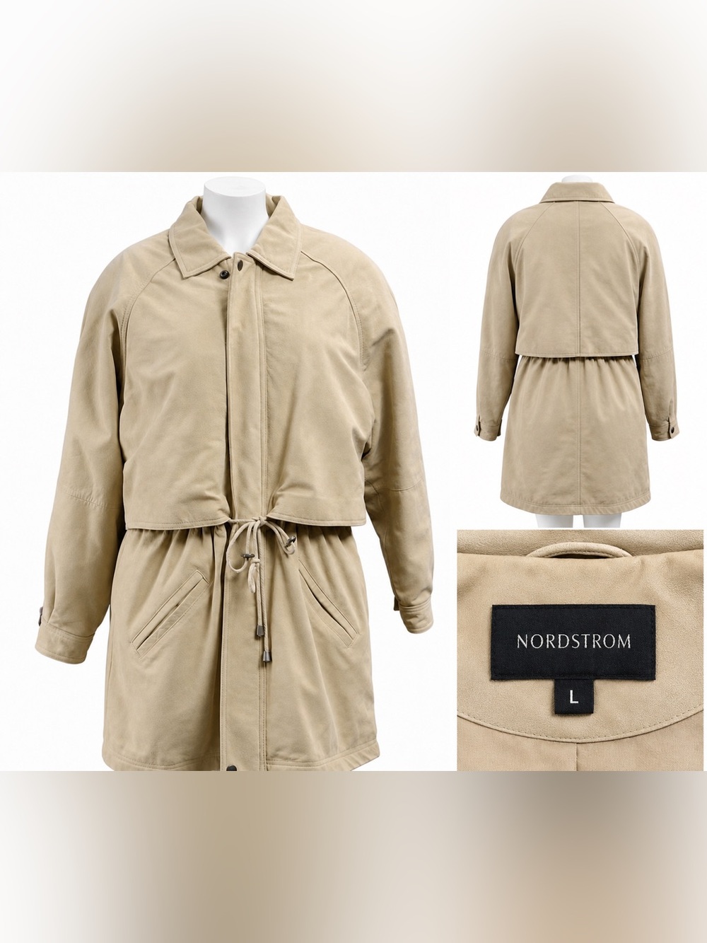Nordstrom 100% Genuine Leather Drawstring Women’s Trench Jacket Beige, Size L